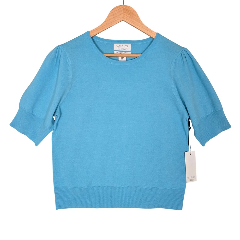 NWT Rachel Zoe Women's Sky Blue Extra Fine Merino Wool Puff Sleeve Sweater M